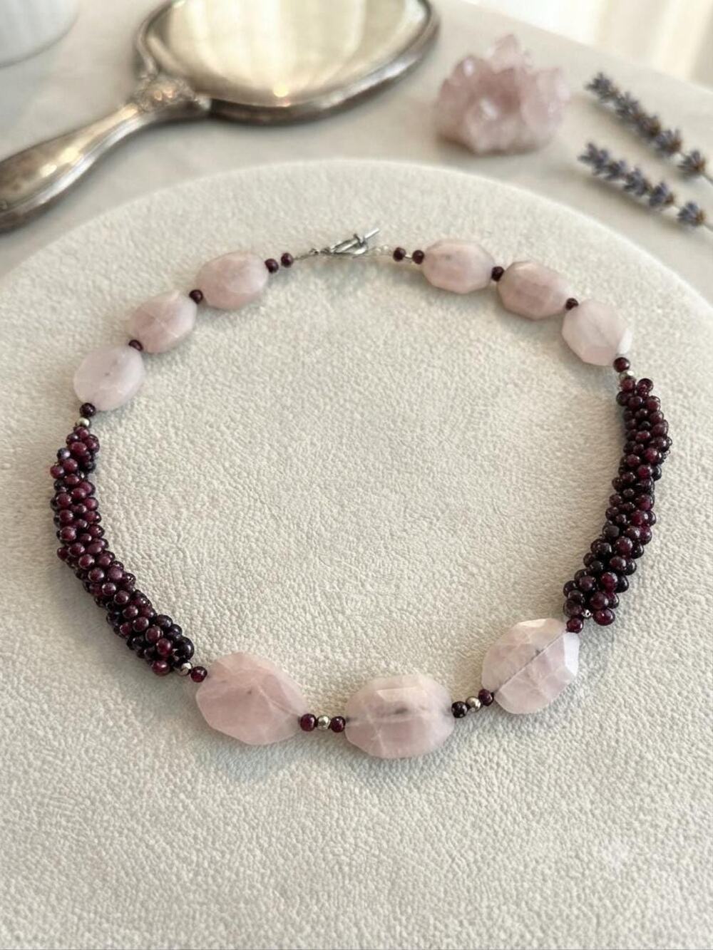 Rise and Wine Handmade Rose Quartz Garnet Necklace: Repurposed Vintage Jewelry